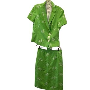 Teri Jon neiman Marcus bright Green Floral Blazer Skirt suit Set 12